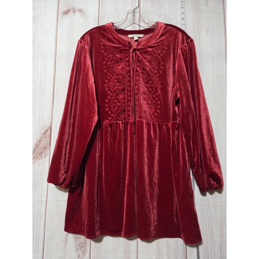 Red‎ Velvet Embroidered Tunic Shirt Long Sleeve Casual Trendy Bohemian Ladies XL